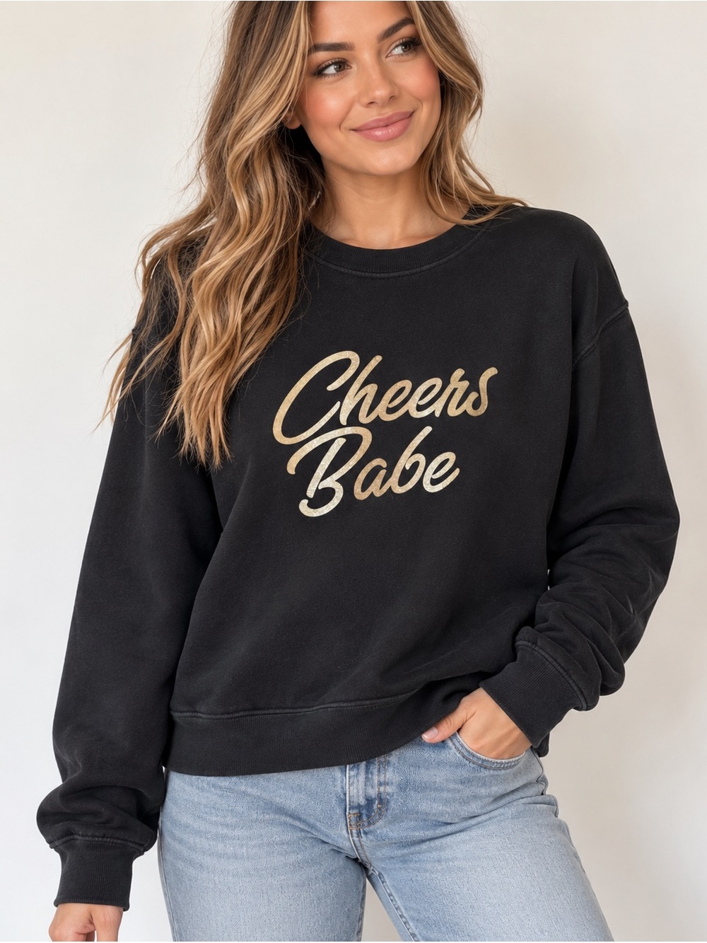 Brunette The Label "Cheers Babe" Black Sweatshirt with Gold sparkle Script